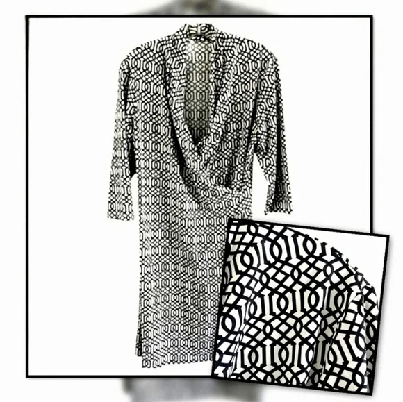 🛍SALE J.Mclaughlin Catalina Cloth Faux Wrap Geometric 3/4 Sleeve Dress. Sz. L - Picture 4 of 7